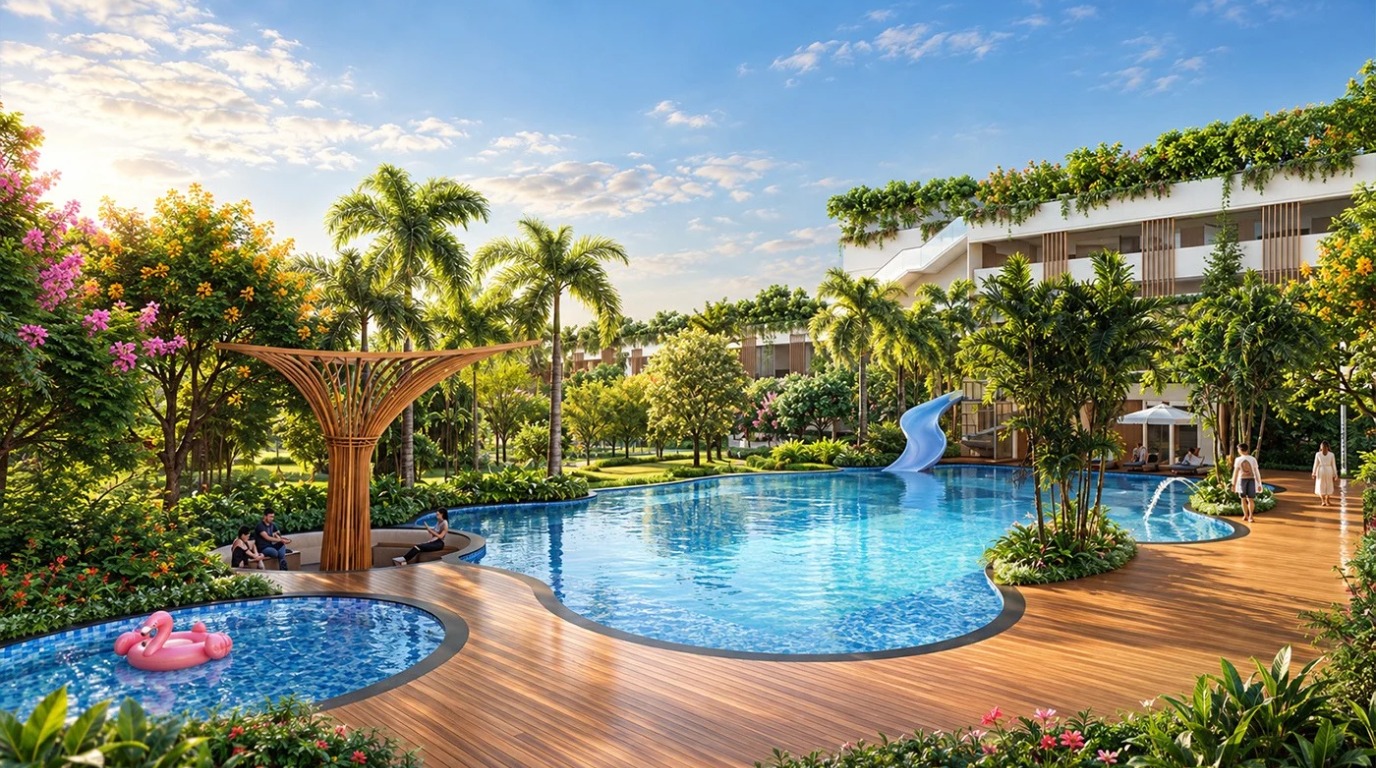 Mahindra Rivenza Mahalunge Pune ultra-luxury residential towers exterior render with swimming pool