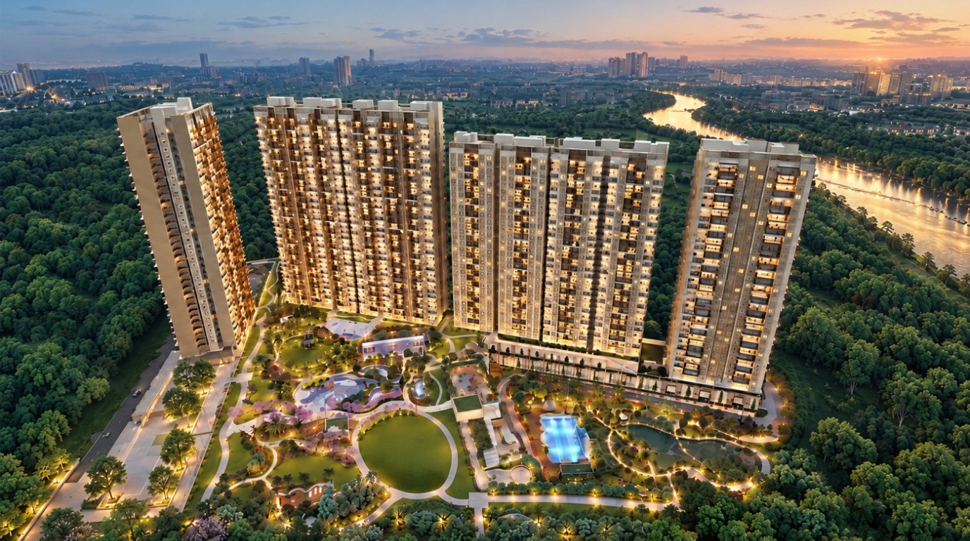 Mahindra Rivenza aerial panoramic sunset view of G+30 towers and Mula riverfront landscape
