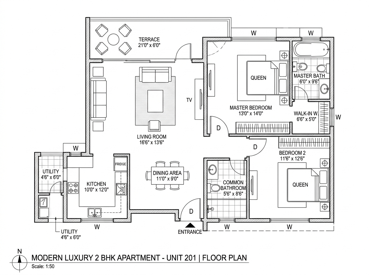 Mahindra Rivenza 2 BHK luxury floor plan blueprint layout showing room dimensions and sundeck