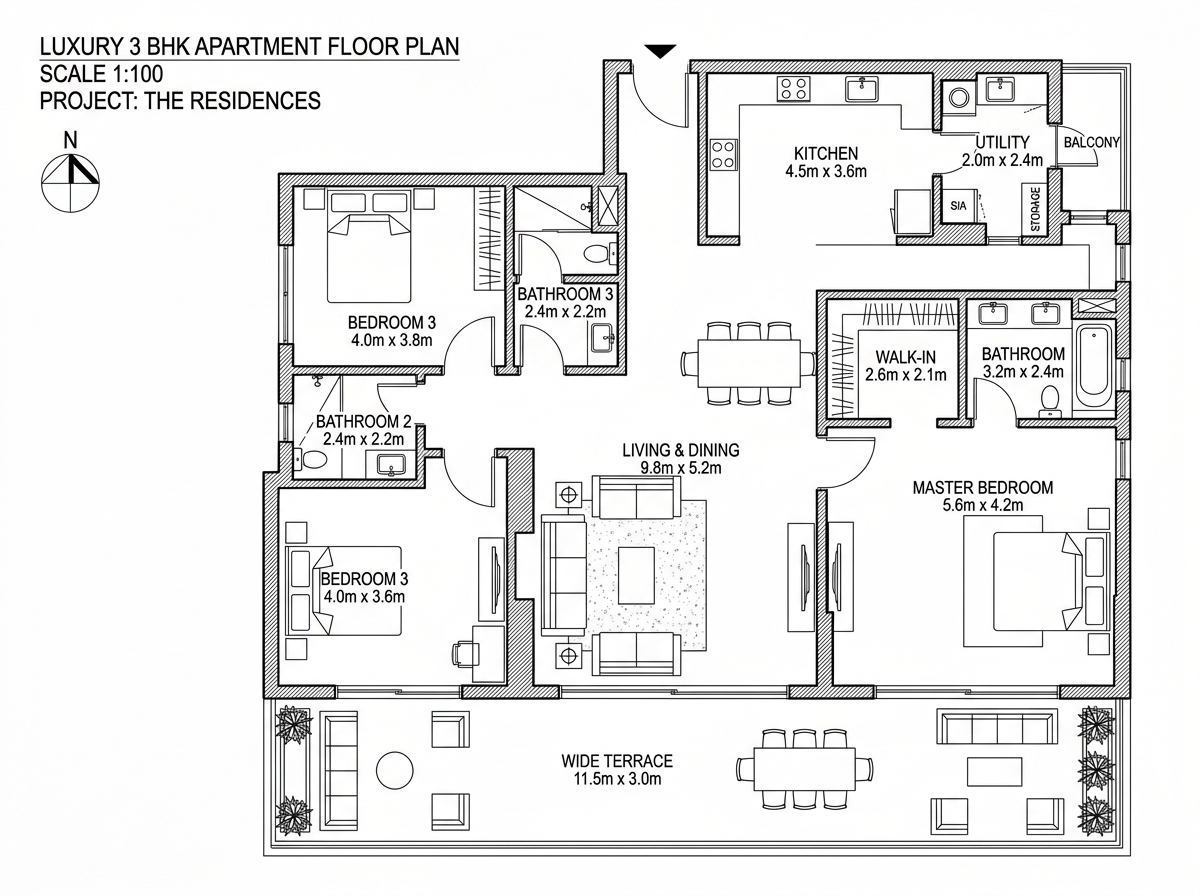 Mahindra Rivenza 3 BHK premium floor plan blueprint layout showing bedroom and sundeck arrangement