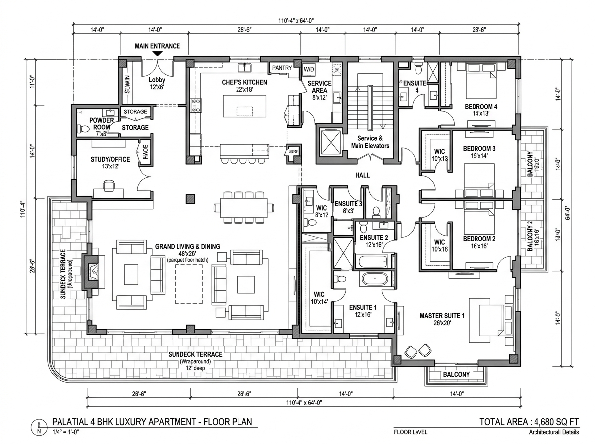 Mahindra Rivenza 4 BHK palatial floor plan blueprint layout showing 4 bedrooms and dual master suites