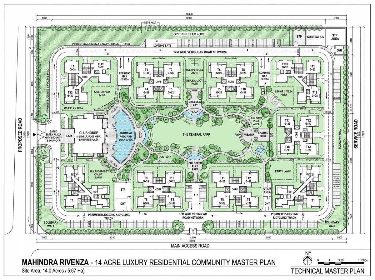 Mahindra Rivenza 14-acre master layout site plan architectural blueprint showing 12 towers