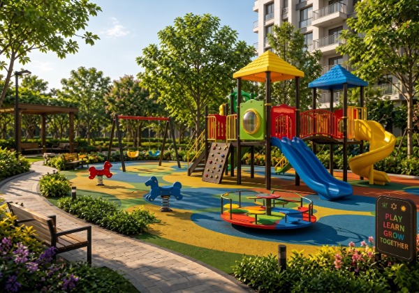 Mahindra Rivenza safe outdoor children play area with adventure swings and slides