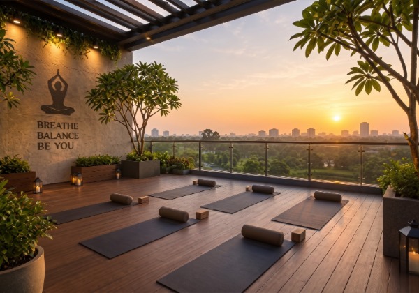 Mahindra Rivenza tranquil outdoor yoga and meditation deck surrounded by greenery